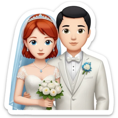 wedding couple, the groom is a chinese man with black hair and brown eyes, the bride is a blue eyed redhead with short hair sticker
