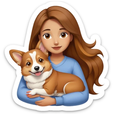 Girl with long brown hair hugs a corgi dog sticker