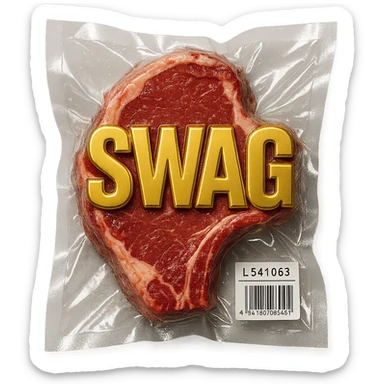 steak with gold block letters 'SWAG', shiny and inflated, vacuum-sealed style sticker