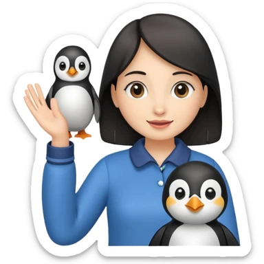Girl waving hello while holding a penguin sticker