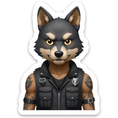 A black anthropomorphic wolf with white marks, he is wearing a muzzle, and his ears are standing up with a variety of piercings. He has a black tactical vest on, and he is in a grumpy mood, his arms just hanging by his side sticker