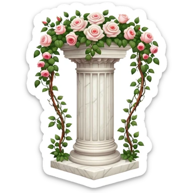White tall marble pedestal with vines growing and gorgeous roses flowers beautiful romantic scenic garden landscape scenery sticker