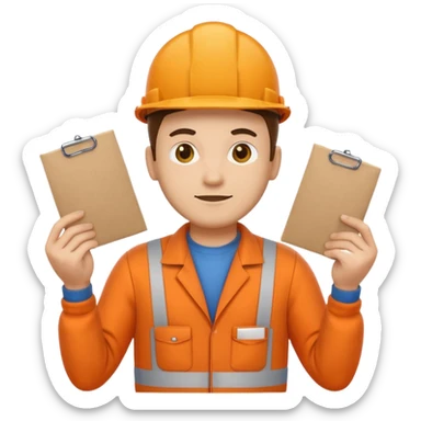 emoji style railway engineer full body in orange overalls, carrying one piece of paper with both hands in front of him sticker