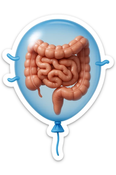 EMOJI STILE IPHONE 3D DI UN INTESTINO CHIUSO IN UN PALLONCINO CHE SIMBOLEGGIA GONFIORE, IPERREALISTICA 4K sticker