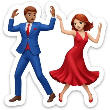 Two people dancing one wearing red and one wearing blue. Brown hair and red hair sticker