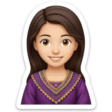 girl with dark brown hair, Afghan dress, minimal details, happy emoji sticker
