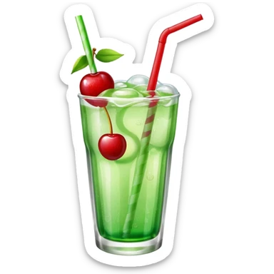 Create an emoji with a clear rounded glass, bright transparent green soda with fine bubbles, a smooth vanilla scoop, a glossy red cherry, and a red straw, using vibrant colors, soft shading, and clear glass highlights.
 sticker