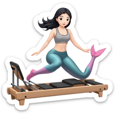 Create a Pilates emoji: a girl with fair skin and black hair, wearing a grey bra and grey leggings with pink pilates socks, doing  mermaid on a wooden reformer. Make it look at the reformer. Make the colors neutrals. sticker