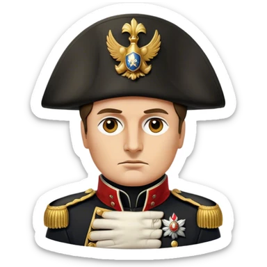 Cinematic Realistic Napoleon Bonaparte Portrait Emoji, depicted as a commanding military leader with a determined gaze and iconic bicorne hat, rendered with dramatic textures and bold historical lighting that captures his imperial legacy. sticker