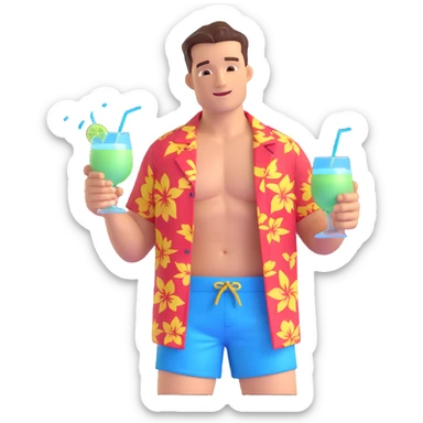 human male Unbuttoned Hawaiian shirt, swim trunks, shaking a cocktail shaker (sparks flying) sticker