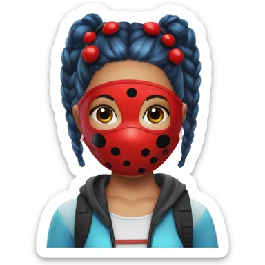 girl with blue pigtails and Ladybug wears a bright red mask with five black spots . sticker