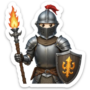 knight holding a short wooden torch in hand wearing darker, realistic iron armor, and a closed very slitted helmet in dark souls style sticker
