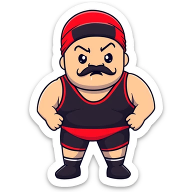 Close-up of very fat white skin guy with young face, beard and mustache, no muscle with prominent black durag, black eyes in a red and black wrestling singlet with angry face sticker