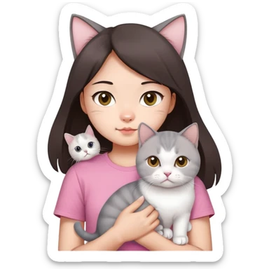Chinese girl with dark brown half long hair wearing pink t shirt holding a British shorthair white cat，and this cat has a slight fold in its ears sticker
