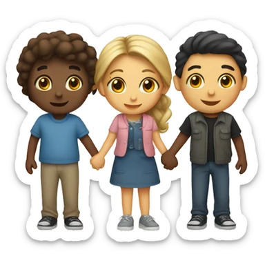 3 friends in a row holding hands. A boy, then a girl, then a boy sticker