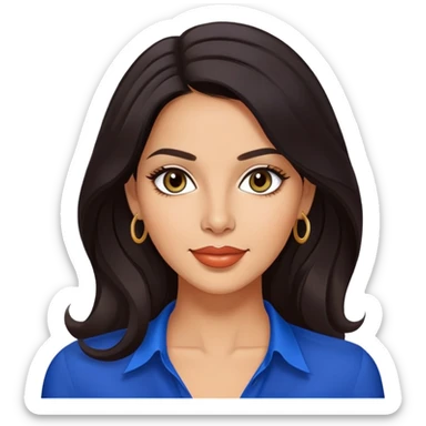 Lynette Torres, Puerto Rican actress with olive-tan complexion, beautiful facial features, bright expressive eyes, defined cheekbones, full lips with warm smile, long flowing dark hair, wearing a stylish blue blouse sticker