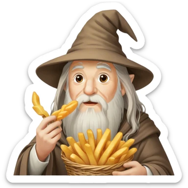 gandalf eating fries, holding a small basket of golden, crispy fries in one hand and a fry in the other. his iconic long white beard and wizard hat are present, with a playful expression as he enjoys the snack. the background is a cozy tavern with warm lighting and a whimsical atmosphere sticker