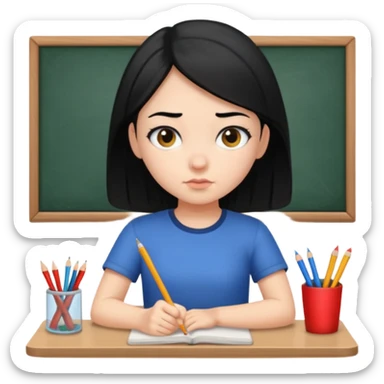 girl with black hair in short sleeves focusing in class sticker
