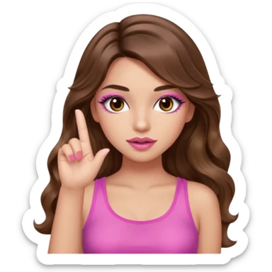 girl with long wavy brown hair, brown eyes, light to medium complexion, in a pink sexy top, pink lips, long lashes, silent motion with the hand one finger up sticker