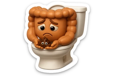 emoji stile iphone di un intestino realistico 3d che esce dal wc con in mano una montagnetta di feci con espressione triste a palline, iperrealistico 4k sticker