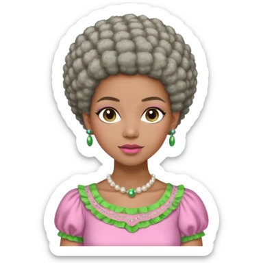Pretty Brown woman with a very very short stylish gray Afro  wearing pink and green dress  and pearl blouse with sleeves sticker