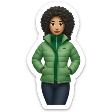 latina woman using Lacoste puffer jacket sticker