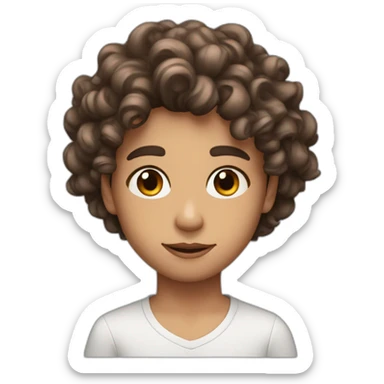 a boy with curly long hair, brown eyes, big lips, beautiful eyebrows with a black sweat sticker