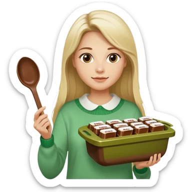 Blond woman with white and green pullover holds in one hand a big carriage of Nutella and in the other hand a oversized spoon which is in the carriage of Nutella. Her hair is long. And the Nutella jar is very big sticker