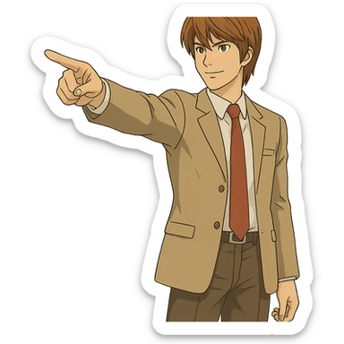 Create an exact Light Yagami in Ghibli style, standing with one hand pointing forward, wearing the same suit, with the same confident expression, transparent background. sticker