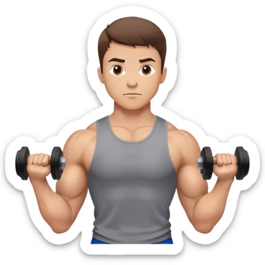 Emoji: A muscular young man with short brown hair, lifting dumbbells or performing a strong workout pose. He wears sportswear, showing determination and strength. The background is simple but gives off a powerful gym or fitness vibe. sticker