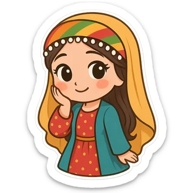 cartoon sticker of a Kurdish woman in traditional female clothing, hand on cheek (shy) pose, gentle smile, colorful and cheerful, no text, suitable for WhatsApp and Instagram sticker