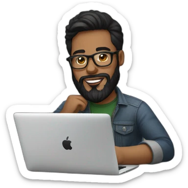 Designer with black hair, beard and glasses working with MacBook and drinking cappuccino  sticker