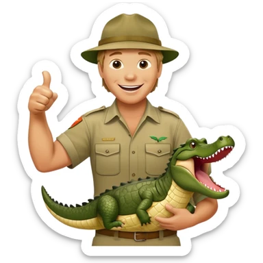 Cinematic Realistic Steve Irwin Portrait Emoji, in his signature khaki attire, holding a crocodile or giving an excited thumbs-up. The scene is lit with vibrant, natural sunlight, emphasizing his adventurous spirit and deep connection to nature. sticker