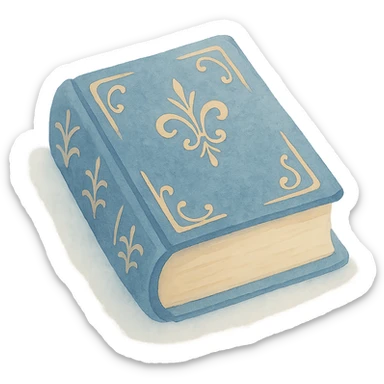 An open antique book in sapphire blue with intricate gold filigree, depicted in a dreamy painterly watercolor style with visible brushstrokes, on a transparent background. sticker