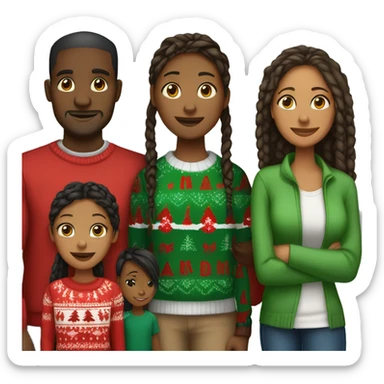 Black family of four members with Dad, Mom, Son, and Daughter. The Son and Daughter are teenagers. The Mom has braids. The Dad is light skinned.All family members are wearing Christmas sweaters and Santa hats.  sticker