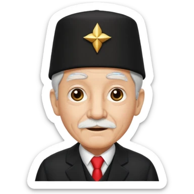 black suited old with fes hat sticker