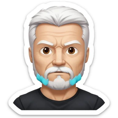 White haired muscled adult man with a black t-shirt. He has white beard and a long goatee. Dark brown eyes and some wrinkles. Attractive, Wolverine vibes. Not too old. sticker
