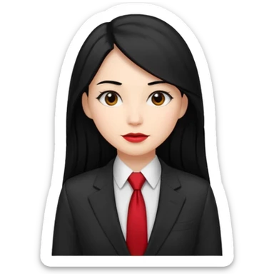 female boss in suit, long black hair, red tie sticker