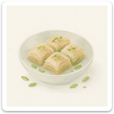 a bowl of Turkish baklava with pistachios, watercolor art style sticker