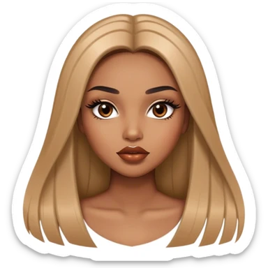 Glamourous, light brown skin tone, very beautiful girl, with big plump shiny lips, long long lashes, black straight smooth silky long hair, straight parting hair, brown eyes sticker
