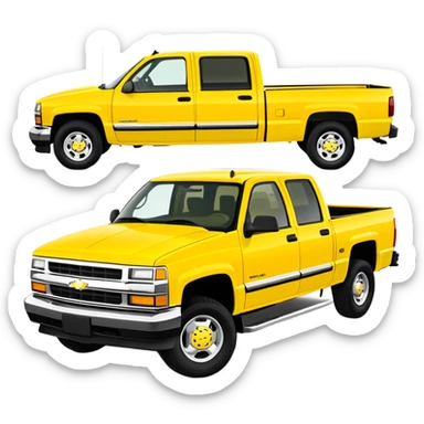 Geometric bright yellow 1997 Chevrolet Silverado C-2500 Crew Cab pickup truck, 30-degree view, clean lines, same yellow as in Kill Bill, minimalist approach, iOS emoji style sticker