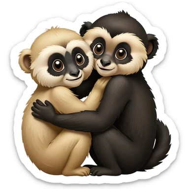 Two gibbons, one black and one tan, embracing, cute Disney-style  sticker