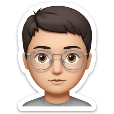 personagem com corte de cabelo Wolf cut curto, cabelo castanho escuro, olho castanho escuro, sombrancelha castanho escuro, óculos sem aro prata quadrado. sticker
