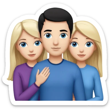 3 people. Throuple. Blank woman with blond hair and blue eye color on left. a blank man with black hair and grey eye color in the middle. And a blank woman with brown hair and grey eye color on the right. Holding each other  sticker