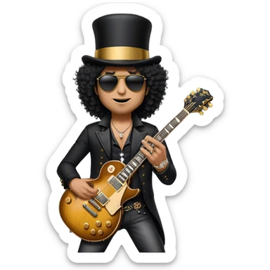 Create a legendary and iconic emoji representing Slash wearing his top hat and holding his Gibson Les Paul guitar. The design should emphasize Slash's distinctive silhouette, with his wild curly hair, sunglasses, and signature black top hat. He should be depicted holding the famous Gibson Les Paul guitar, known for its smooth curves and powerful sound. Use a dark color palette with deep blacks, gold accents, and subtle details like the guitar’s iconic pickups and knobs. The background should be transparent to highlight Slash’s rockstar persona sticker