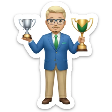 Full Body white male plus size wearing glasses with a goatee with light blonde and gray very short hair basketball head Coach in blue and green suit holding trophy sticker