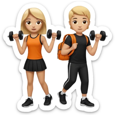 light skin students girl and boy with school bag full of books on hand and dumbell in other hand. Clothes are in black and orange colours. They are going to the gym. They have brown and blonde hair. Dumbell is visible in hand. They are teaching about sport sticker