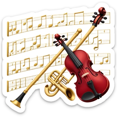 Create a sophisticated and elegant emoji that represents orchestration and arrangement. The design should feature a conductor’s baton, musical notes, and a symphonic score, symbolizing the process of arranging and orchestrating music. Incorporate instruments like a violin, trumpet, and piano keys subtly in the background, representing different sections of the orchestra. Use classical and refined colors such as gold, deep red, and black to evoke the grandeur and precision of orchestration. The background should be transparent. sticker
