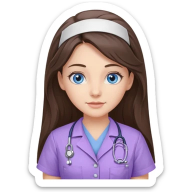 pretty brunette nurse with long hair and blue eyes in lilac scrubs sticker