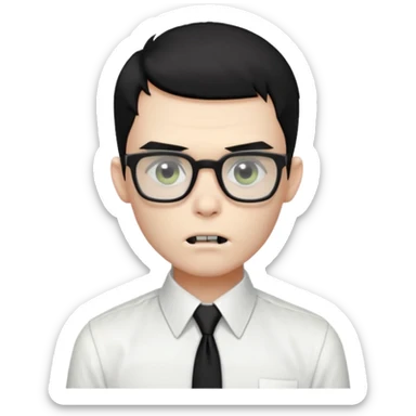 zombie boy black hair e cabelo curto quase careca com camisa social branca e gravata preta, com oculos de grau quadrado sticker